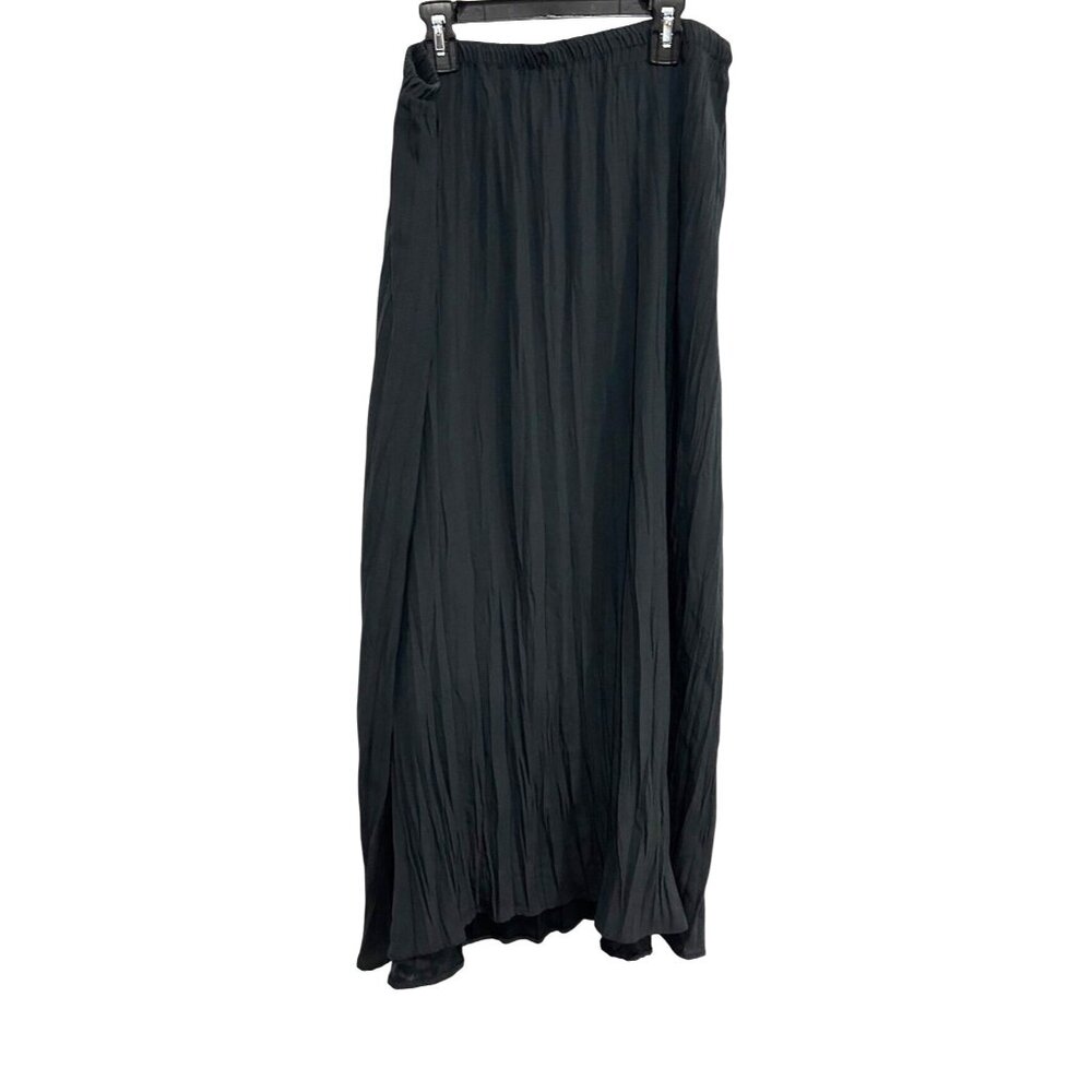 Black Pleated Maxi Skirt Womens Elastic Waistband